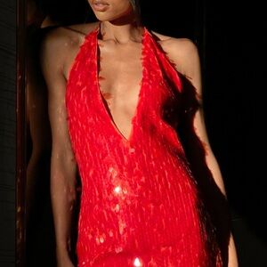 Orange Sequin Halter Dress